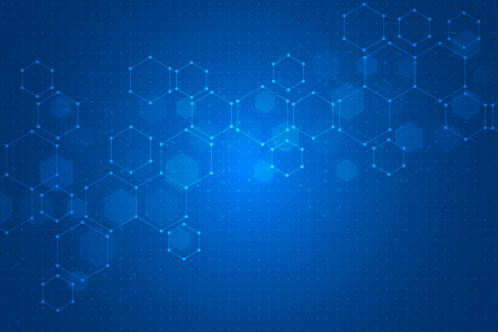 Blue digital background with interconnected hexagonal shapes and glowing points, creating a technology or science-themed abstract design. The pattern fades toward the edges on a dark blue gradient backdrop.