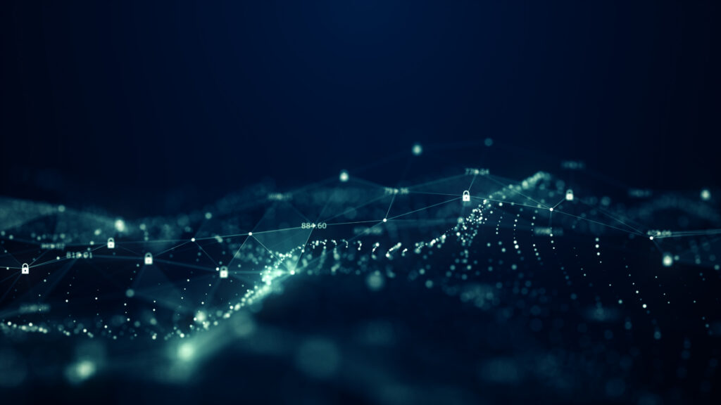 Abstract digital landscape with interconnected points, lines, and nodes forming a network. Glowing dots and lock icons are visible on a dark blue background, representing data security and technological connectivity.